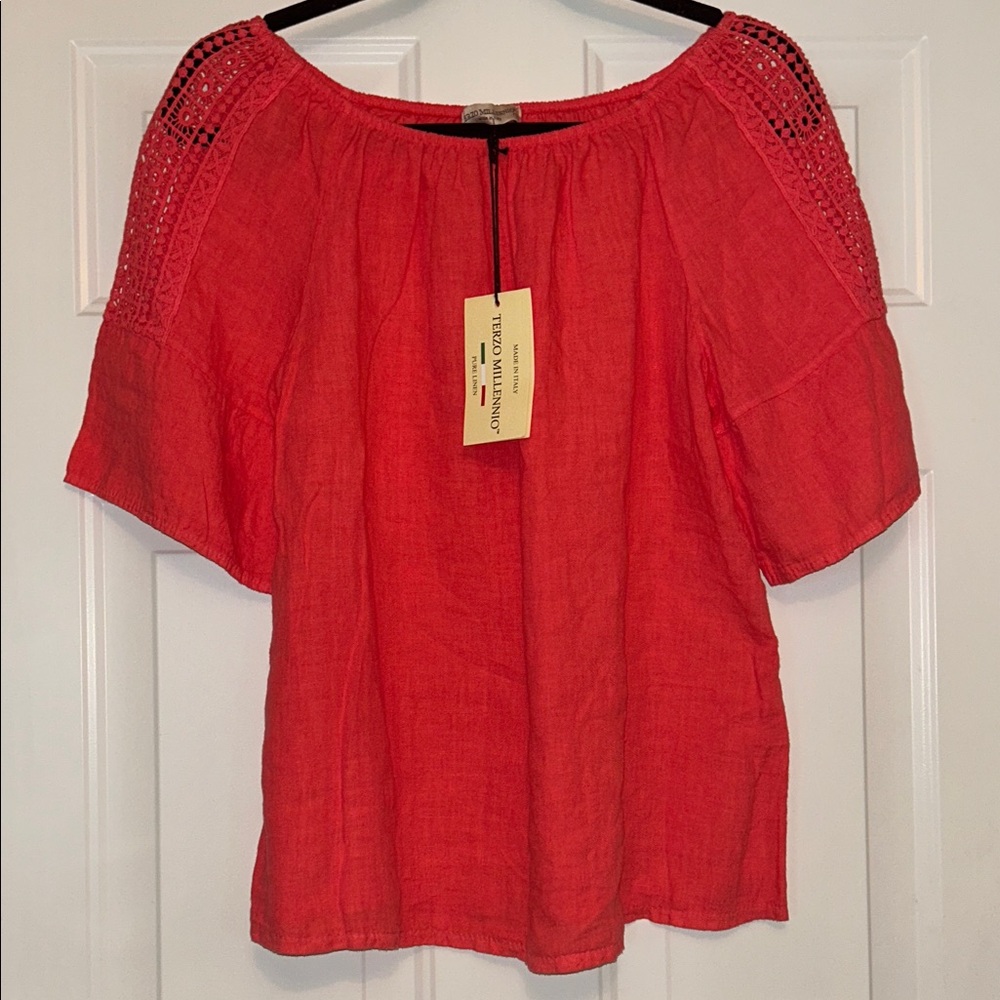 Terzo Millennio Linen On or Off-Shoulder Top SM/10 Coral Begonia Made in Italy